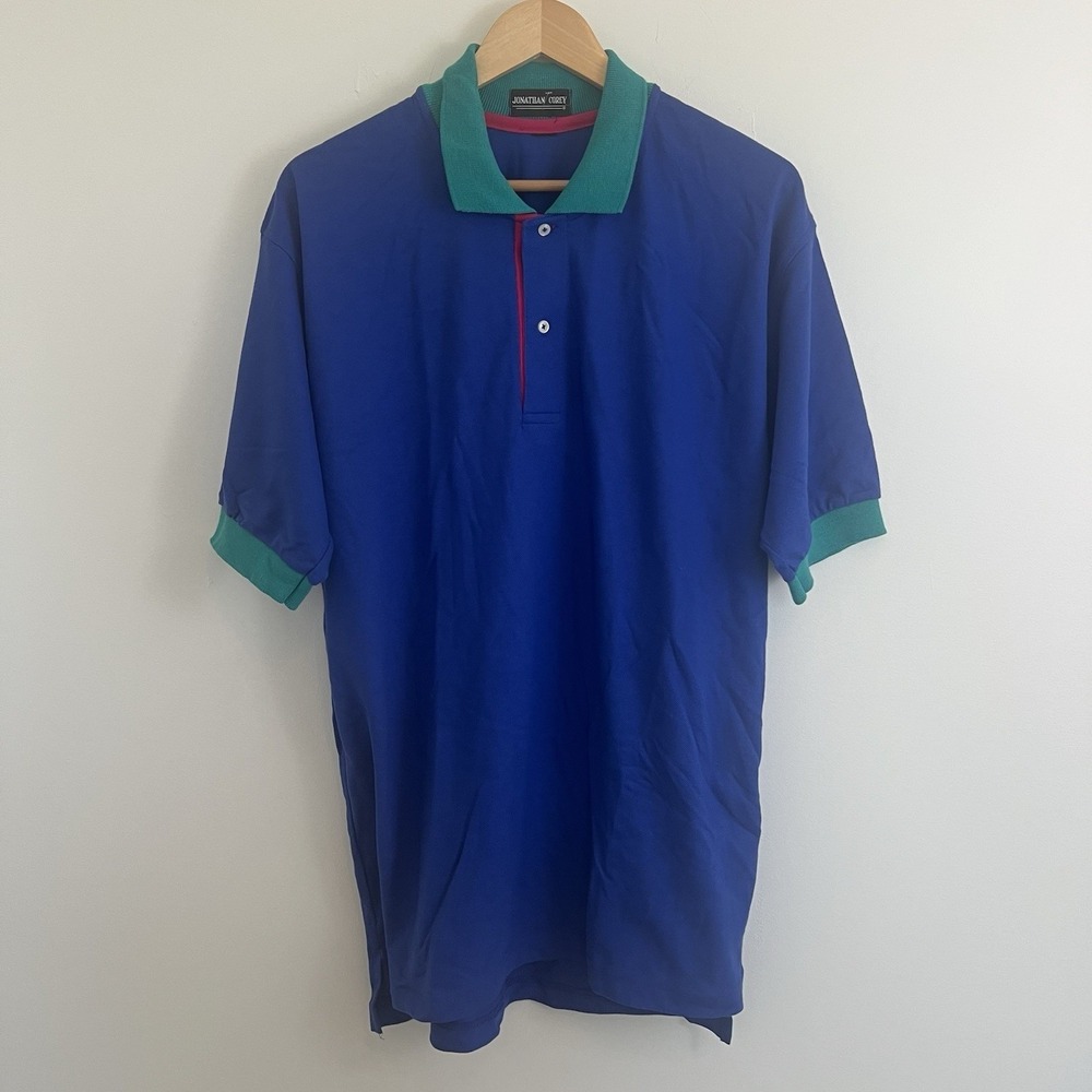 Jonathan Corey Mens Blue Teal Colorblock Pique Polo Shirt Short Sleeve XL Retro